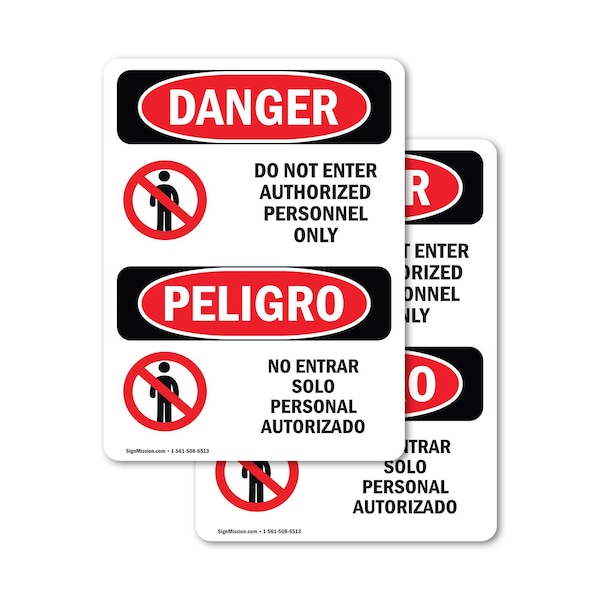 Signmission Do Not Enter Authorized Only Bilingual Danger Sign, Vinyl Decal, 10in W x 14in L, 2PK OS-2PACK-DS-D-1014-VS-1144 - main